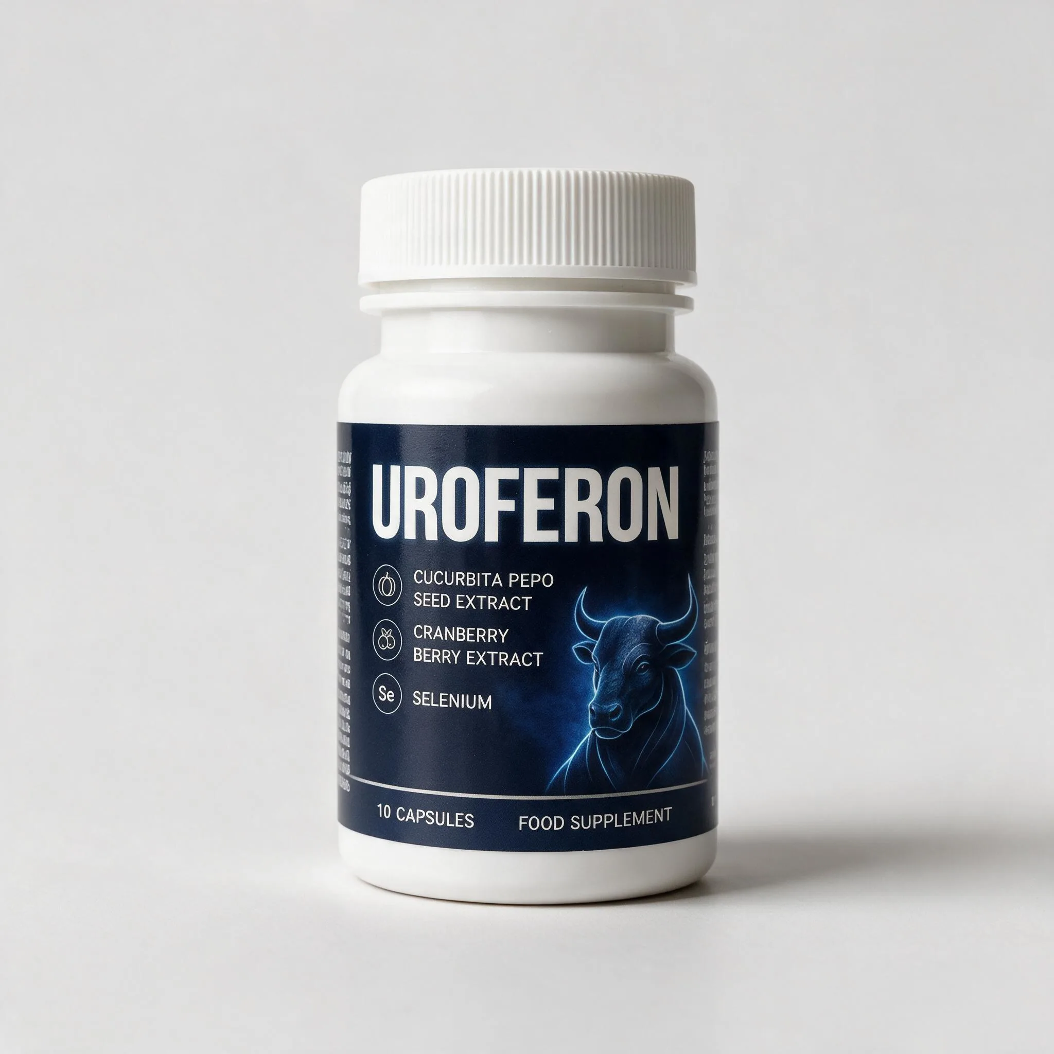 Envase oficial de Uroferon sobre fondo claro con especificaciones de composición
