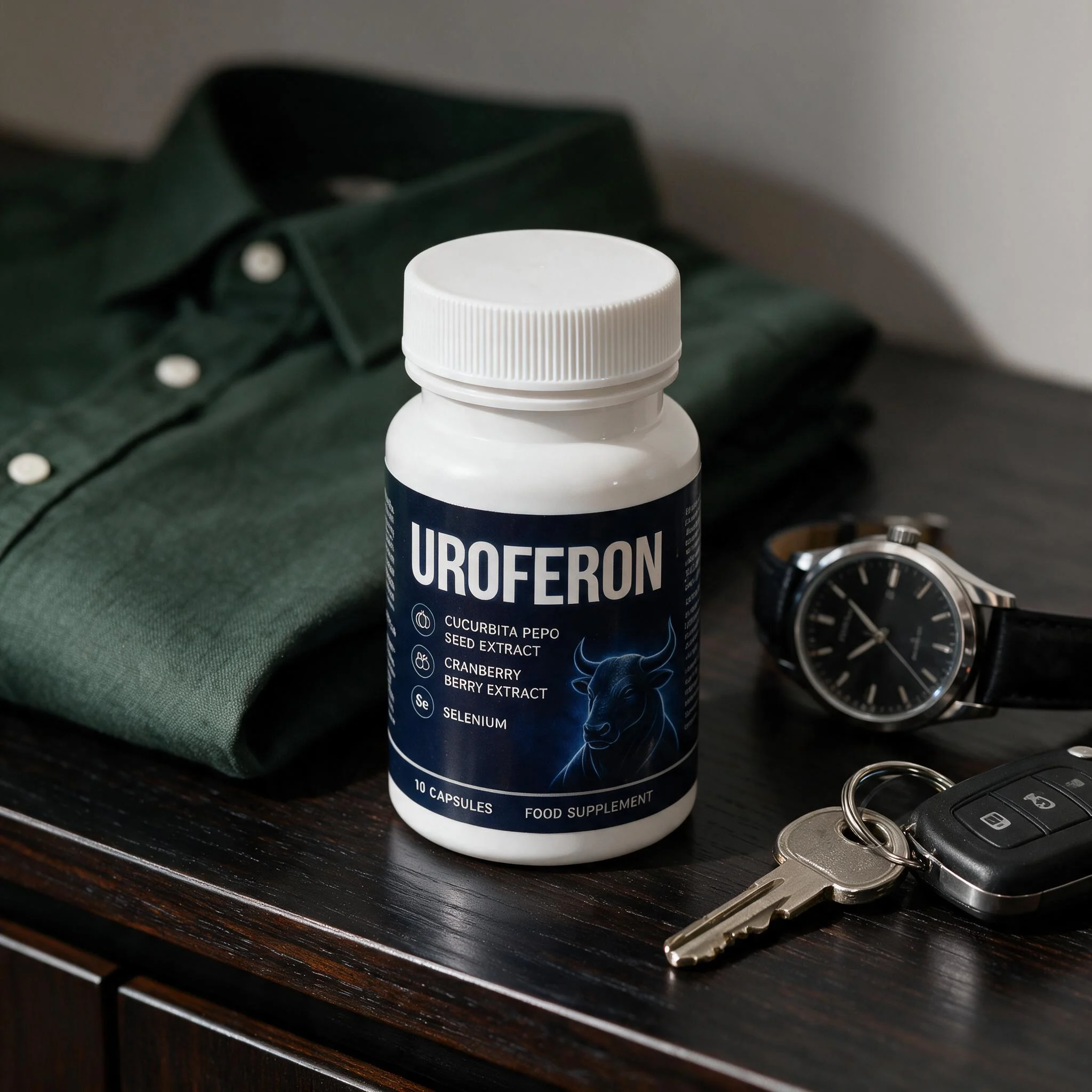 Bote de Uroferon junto a las llaves del coche y un reloj de pulsera masculino