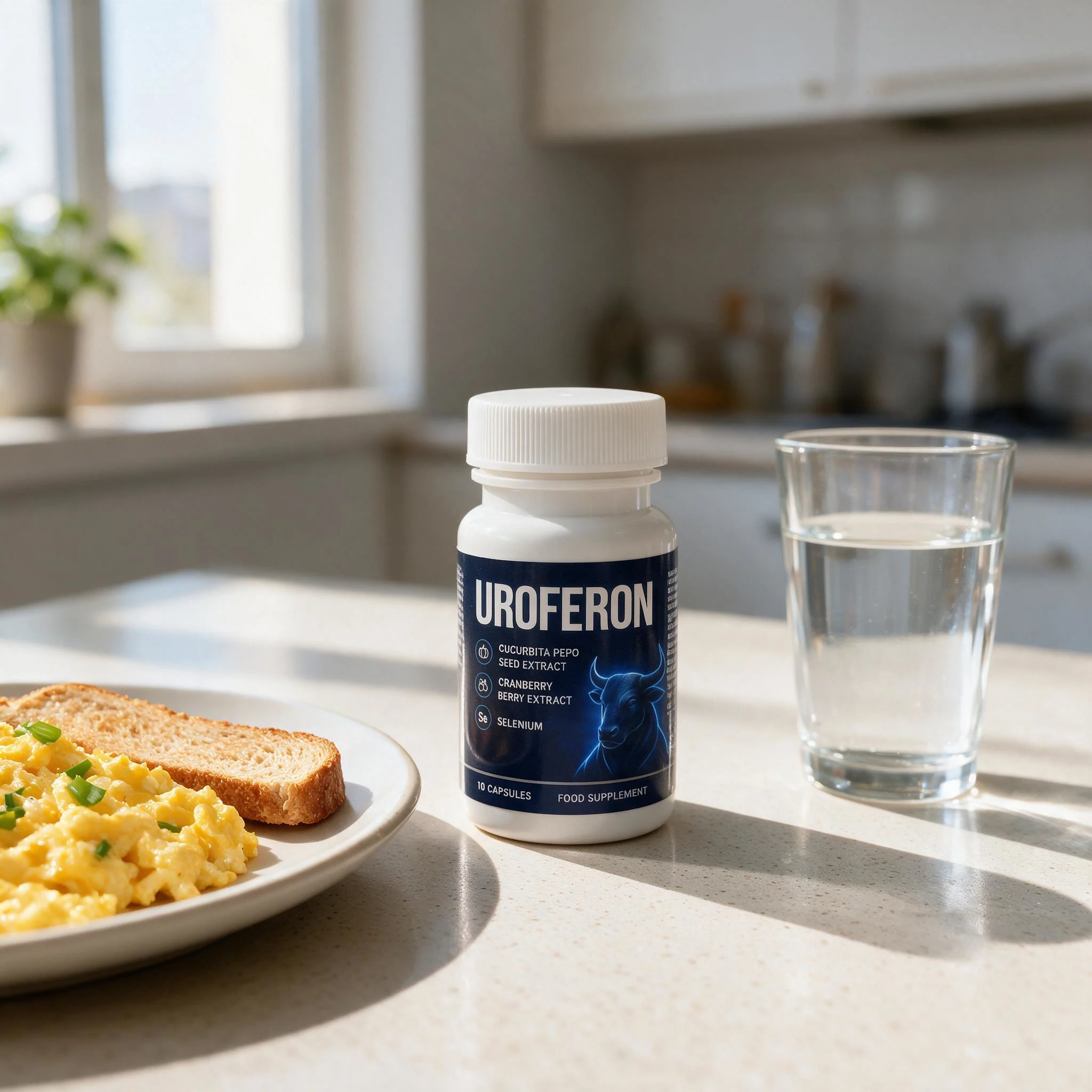 Bote de Uroferon en una mesa de desayuno junto a un plato de comida y un vaso de agua