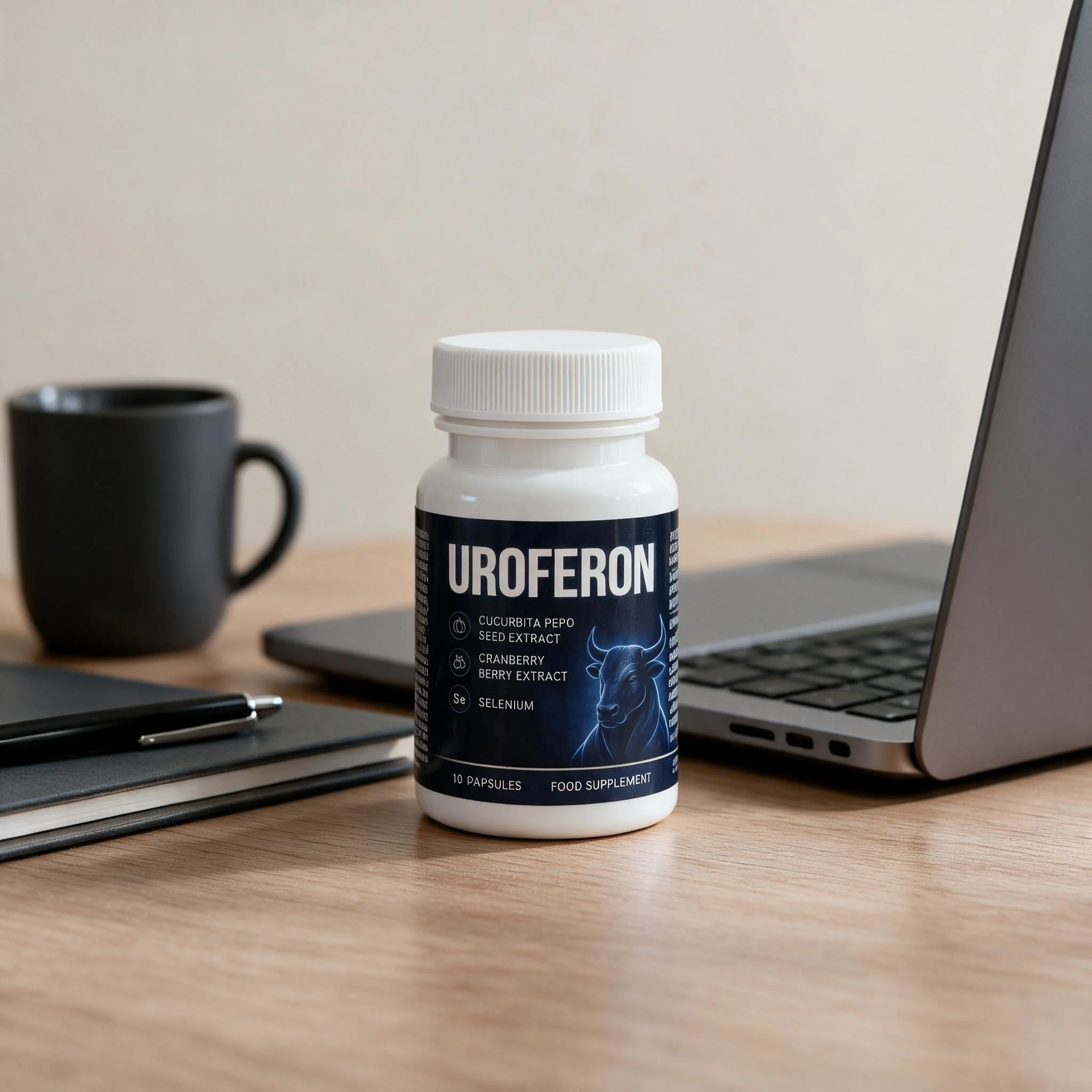 Bote de Uroferon en un escritorio de oficina junto a un portátil y un café