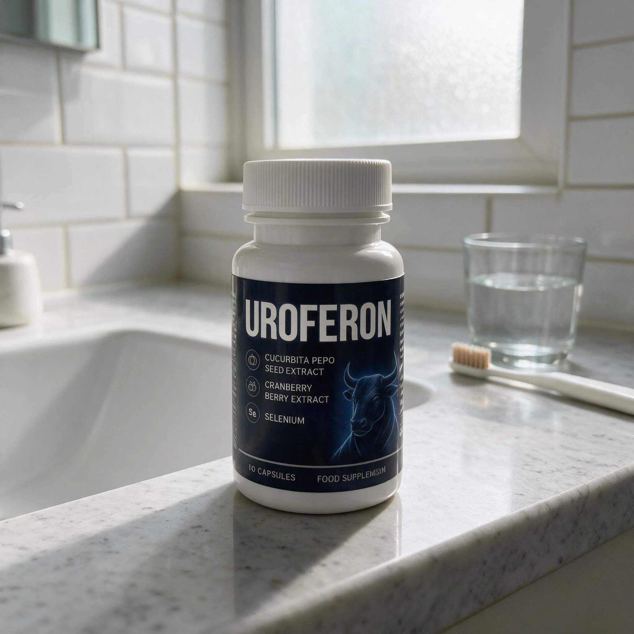Bote de Uroferon en una encimera de baño junto a un vaso de agua y un cepillo dental