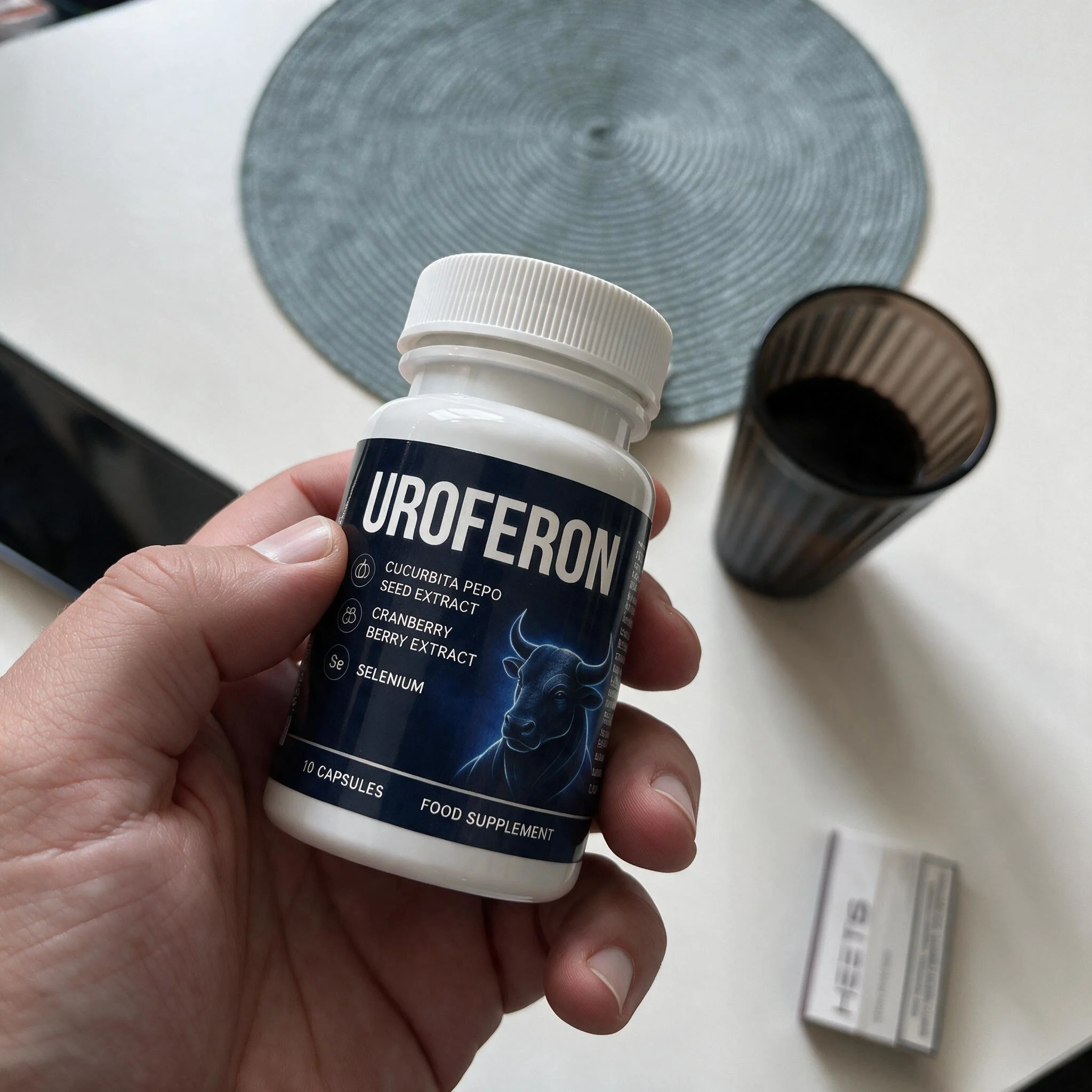 Cliente sosteniendo el bote de Uroferon en la mano junto a un café